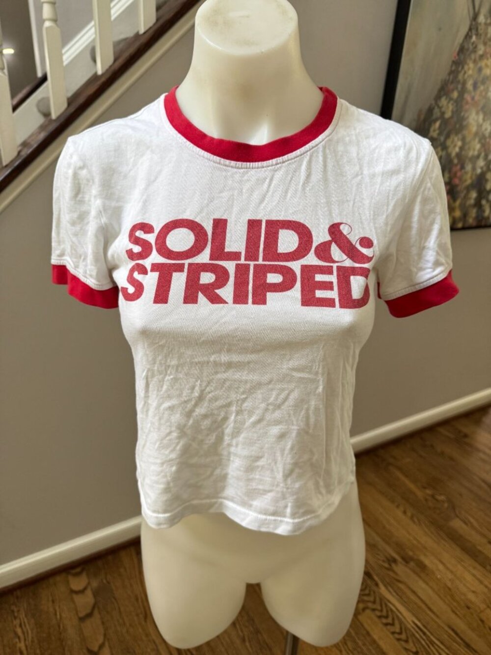 SOLID & STRIPED Logo Cropped Ringer Baby Tee T Shirt White Red XS/S